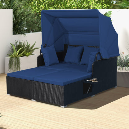 Patio Rattan Daybed Lounge Retractable Top Canopy Side Tables Cushions Navy
