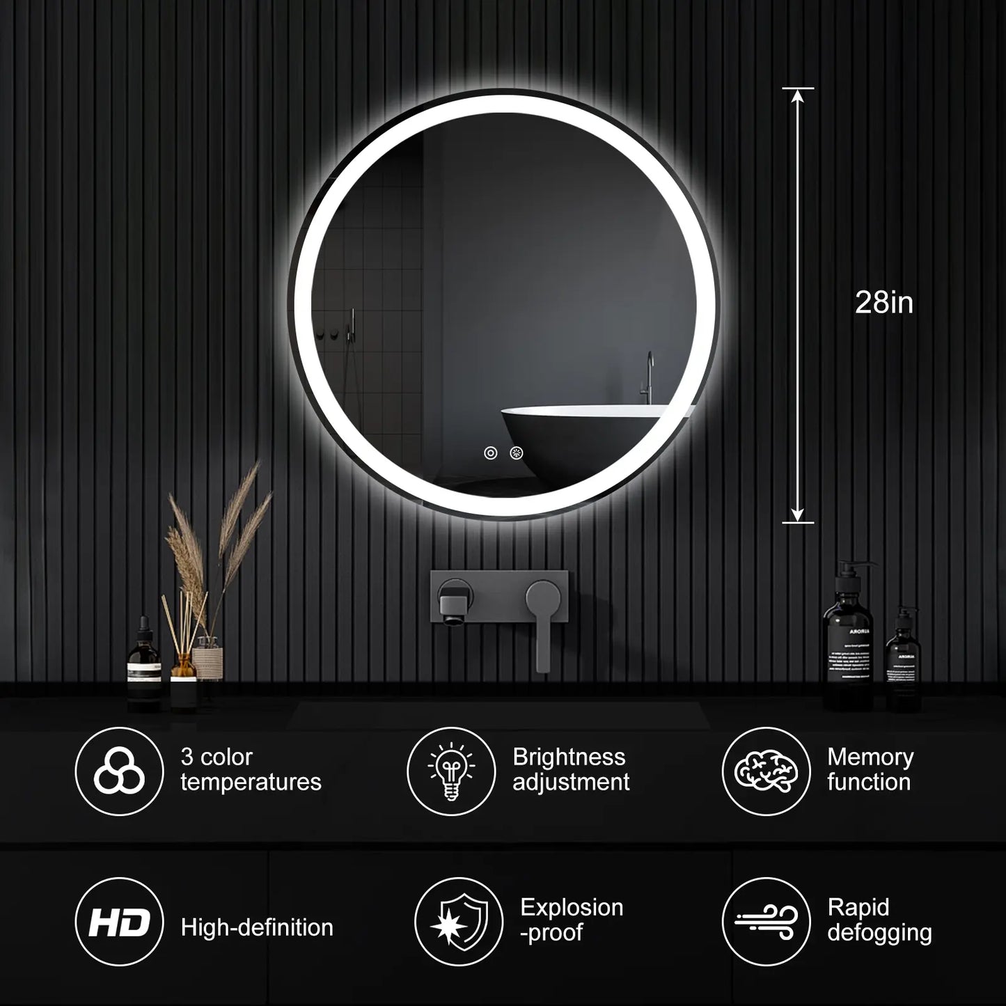 Round LED Bathroom Mirror with Lights, Circle Vanity Mirror with Anti-Fog, Dimmable, 3-Color Light, Memory Function, Tempered Glass